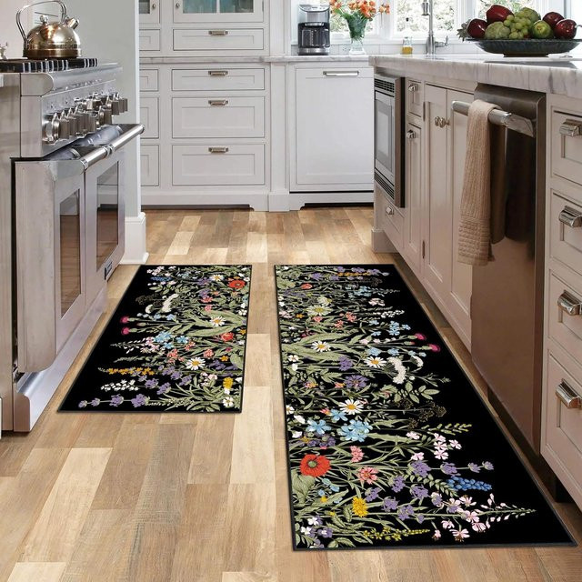 VIKAMA Küchenbodenmatte mit Blumenmuster in Mehrfarbig, rutschfester und waschbarer Küchenläufer im Vintage-Design - Bild 1