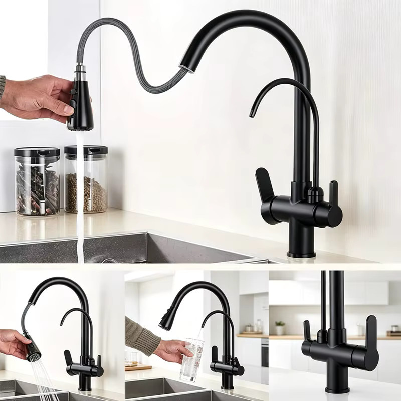 Wanmivezlo Küchenarmatur aus Edelstahl mit Ausziehbrause und Trinkwasserauslass für Wasserfilter, Matt Schwarz - Bild 3