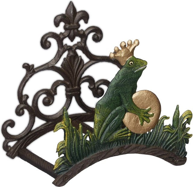 Relaxdays Schlauchhalter Froschkönig aus Gusseisen in Braun Grün Gold, Wandhalterung antik, B/T/H: 23 x 24 x 15 cm - Bild 1