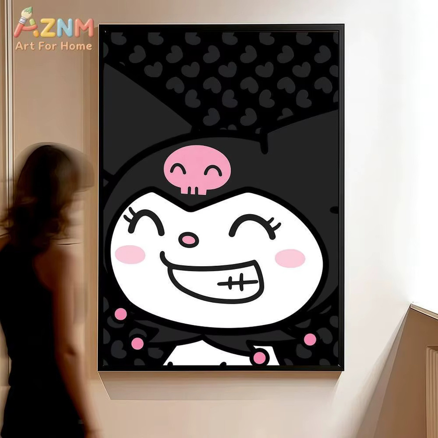 AZNM Kuromi Sanrio Leinwand-Wandkunst, Kawaii Cartoon-Charakter mit schwarzem Herz-Schädel-Motiv, ungerahmtes Leinwandgemälde in Schwarz und Multicolour - Bild 6