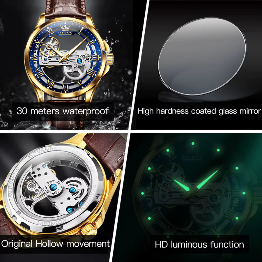 OLEVS Armbanduhr, Automatik, Leder, Gold, Herren - Bild 4