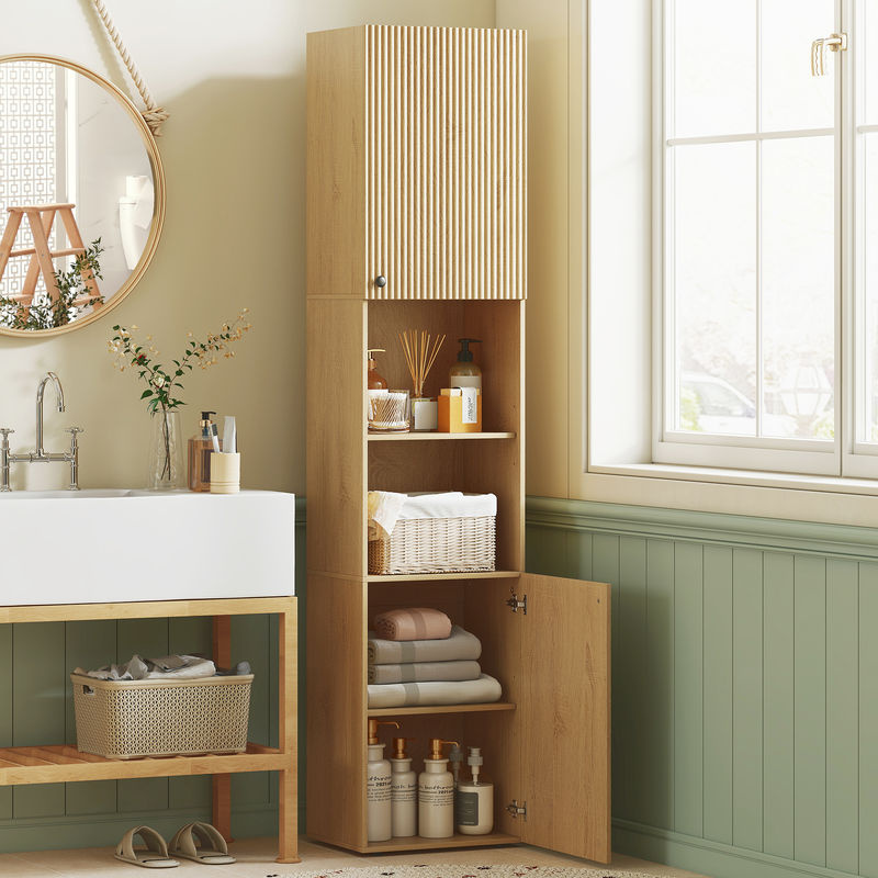 HOMCOM Badezimmerschrank als Hochschrank in Eiche, schmaler Badschrank mit 2 Türen und 2 offenen Fächern, B/T/H: 40 x 31 x 182 cm - Bild 2