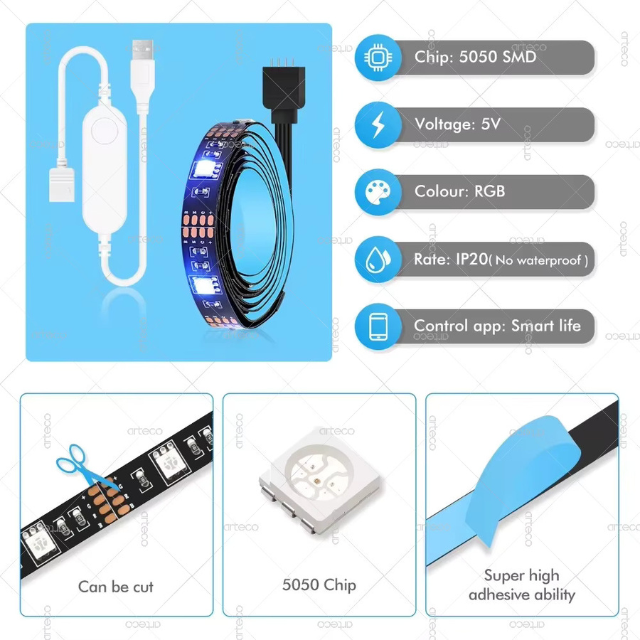 Arteco Smart LED Streifen RGB mit Tuya WiFi App-Steuerung für TV Hintergrundbeleuchtung und Raumdekoration - Bild 3
