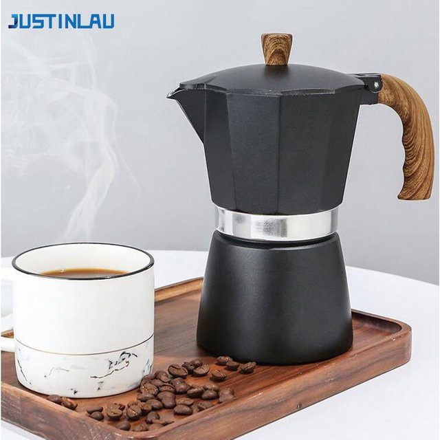 JUSTINLAU Moka Topf für Espresso und Kaffee in Schwarz mit Holzgriff - Bild 1