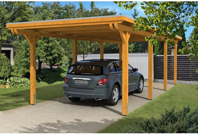 Skan Holz Carport Emsland aus Fichte Leimholz in Braun mit flacher Dachform und Regenrinne B/T: 354 x 846 cm, Höhe: 238 cm - Bild 1