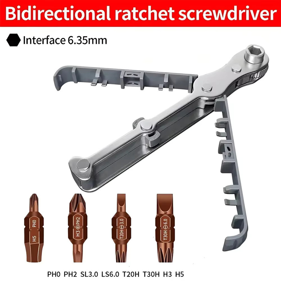 Rechtwinkliger Offset-Ratschenschlüssel mit bidirektionaler Rotation und Bit-Set für Kreuz, Torx und Sechskant in Silber - Bild 3