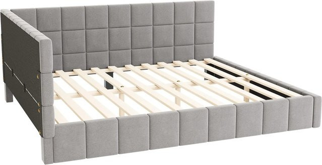 Merax Schlafsofa im Mid-Century Design mit Schubladen und Lattenrost, Farbe Grau, B/T/H: 206 x 160 x 62,5 cm - Bild 1
