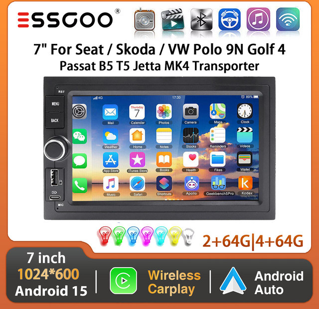 ESSGOO Android 15 Autoradio mit 7 Zoll Display, GPS, Bluetooth und USB in Schwarz für Seat, Skoda, VW Polo 9N, Golf 4, Passat B5 und T5 - Bild 1