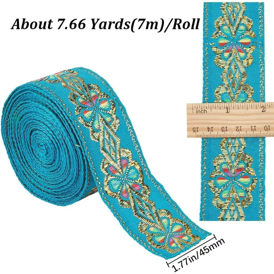 Türkises Jacquard-Spitzenband mit geometrischem Blumenmuster und metallischen Akzenten im Vintage-Stil, Breite: 3,7 cm, Länge: 7 Yards - Bild 2