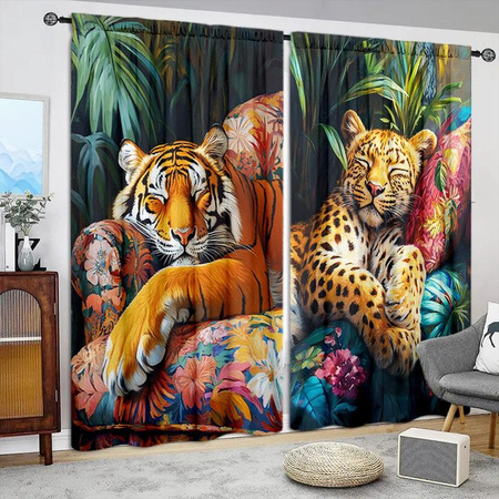 2er-Set Vorhang mit Tiger- und Leoparden-Print in Braun, halbtransparent mit Stangentasche, Breite: 52,5 cm, Höhe: 116 cm