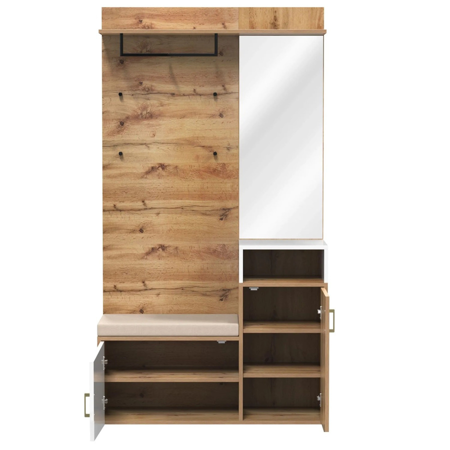 okwish Garderoben Set in Weiß mit Spiegel, Schuhschrank, Sitzbank und Kleiderhaken, B/T/H: 104 x 38,5 x 190 cm - Bild 2