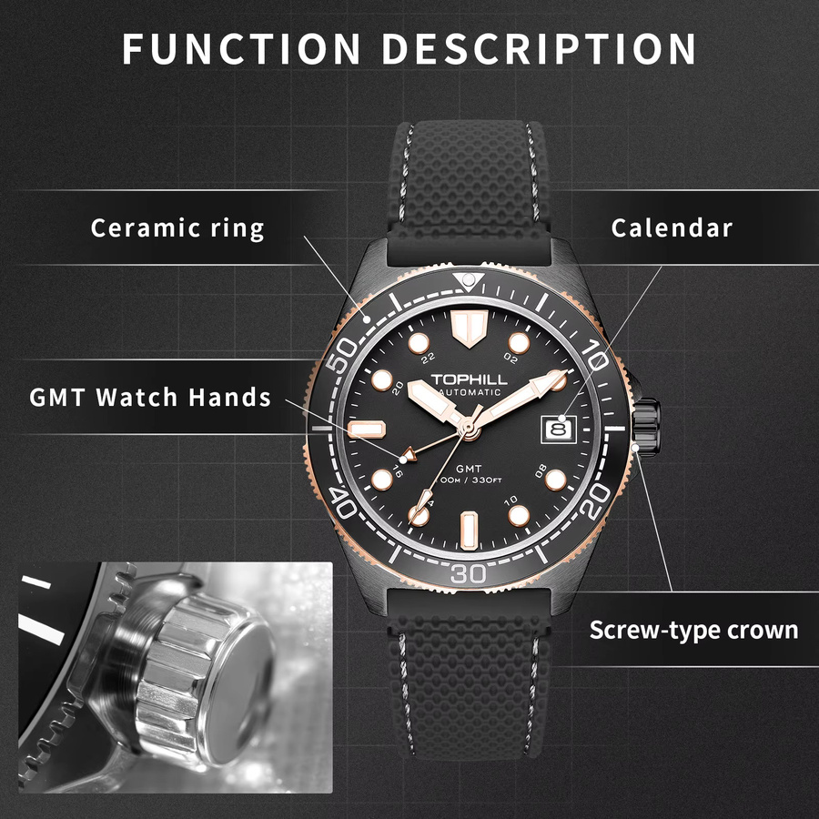 TOPHILL Armbanduhr Automatik, GMT, Edelstahl, Keramiklünette, 39,5 mm, Herren - Bild 2
