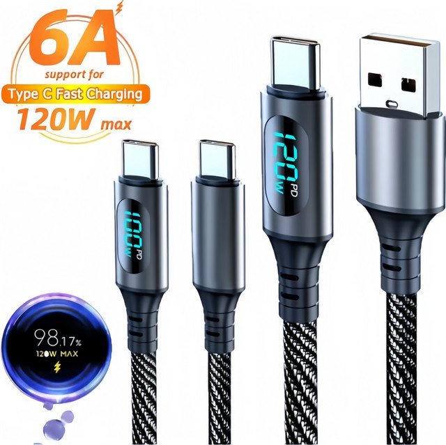 USB-C Ladekabel mit LED-Anzeige für Huawei Xiaomi POCO Samsung und iPhone, 120W PD Schnellladung, Schwarz - Bild 1