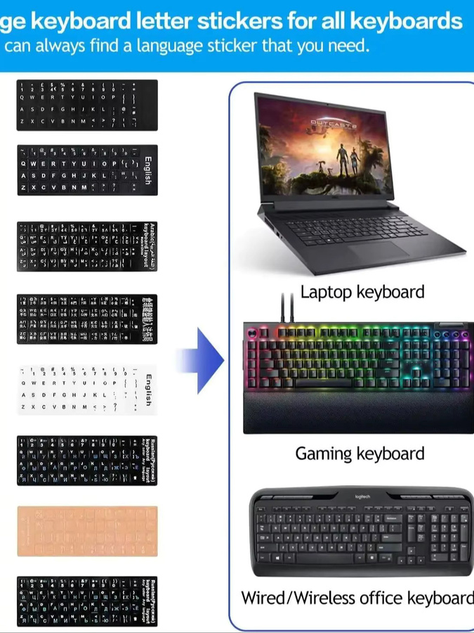 YSAGi Tastatur-Aufkleber in Schwarz als universelle Ersatz-Sticker für Koreanisch, Russisch, Englisch und Arabisch - Bild 5