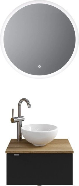 Pelipal Badmöbel-Set Serie 6915 in Schwarz Matt und Riviera Eiche mit Waschtischunterschrank, Waschtischplatte, Keramik Aufsatzbecken und Funktionsspiegel mit LED-Beleuchtung und Sensor-Schalter - Bild 1