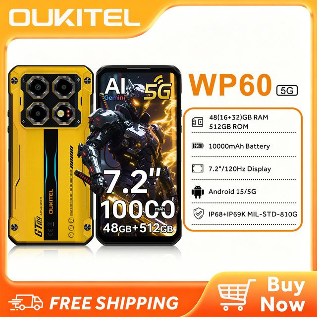 Oukitel WP60 5G Robustes Smartphone in Schwarz mit 7,2 Zoll Display, 10000mAh Akku, 48GB RAM und 512GB ROM - Bild 1