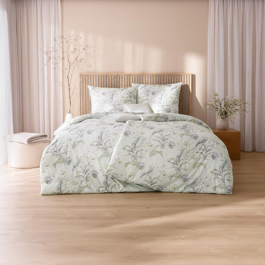 Estella Mako Jersey Bettwäsche Susanne mint mit Blütenzweigen und Blättern, B/H: 155 x 220 cm und 80 x 80 cm - Bild 1