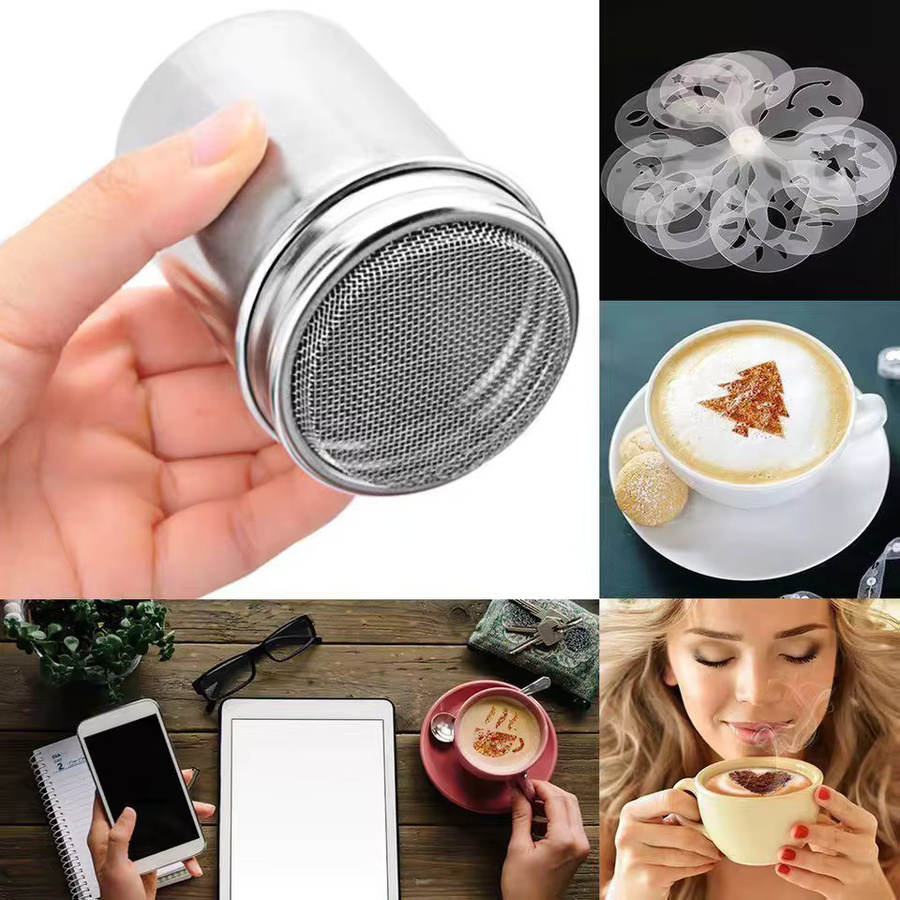 YOCITY Edelstahl-Kaffeeshaker Set mit Sieb in Silber für Kakao, Schokolade und Puderzucker - Bild 2