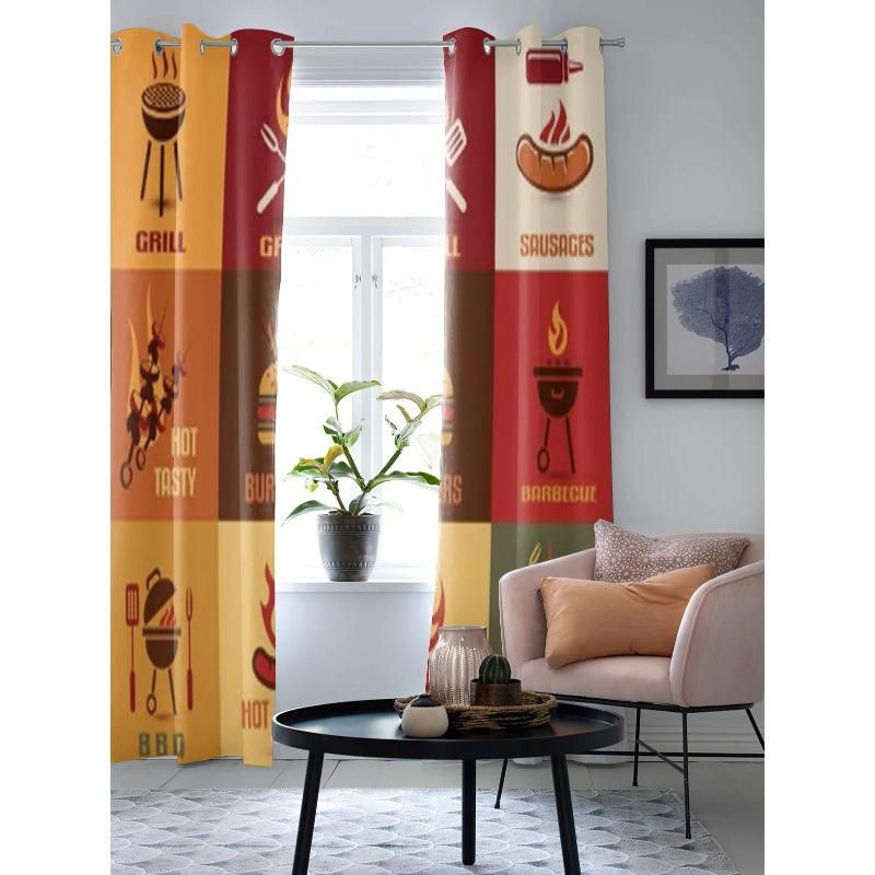 Super Six Barbecue Icons Vintage Vorhänge aus Polyester, Braun/Mehrfarbig, Breite: 135 cm, Höhe: 60 cm - Bild 3