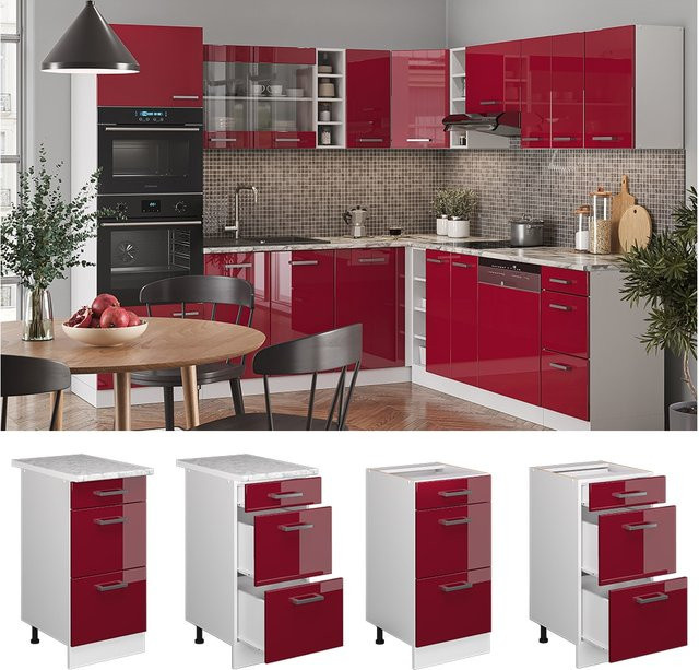 Vicco Küchenunterschrank R-Line mit Schubladen, Weiß und Bordeaux, Hochglanz, Breite: 40 cm - Bild 1
