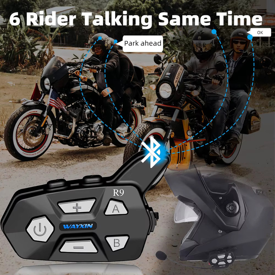 WAYXIN R9 Motorrad-Gegensprechanlage mit Bluetooth 5.0, Helm-Headset für bis zu 6 Fahrer, wasserdichtes FM-Radio, Schwarz - Bild 2