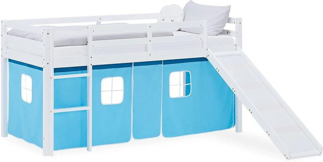 Homestyle4u Kinder Hochbett aus massivem Kiefernholz mit Rutsche und Vorhang in Blau, B/T/H: 90 x 200 x 217,5 cm - Bild 1