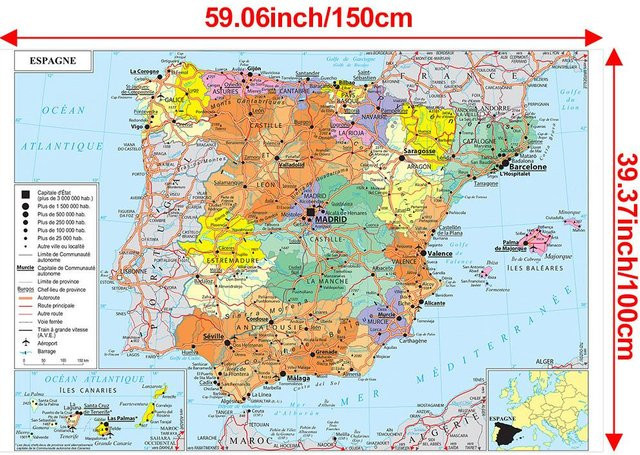 Französische Administrative Karte von Spanien als rahmenlose Wandkunst von Photography Times, Mehrfarbig, Breite: 150 cm, Höhe: 100 cm - Bild 1