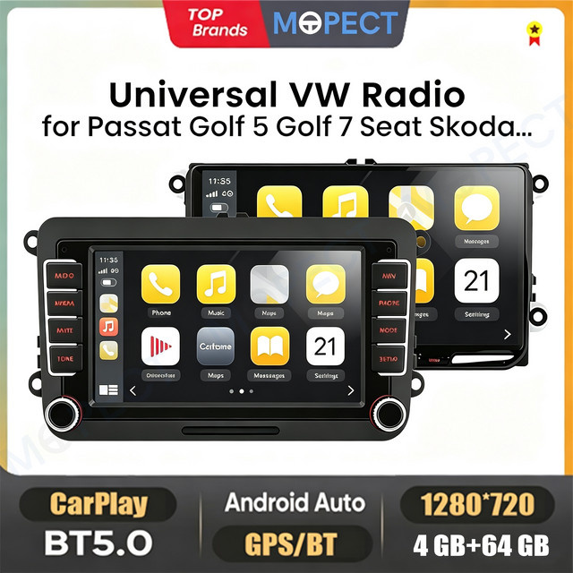 MOPECT Android Autoradio mit 7 Zoll IPS Touchscreen für VW Volkswagen Skoda Octavia Golf 5 6 Touran Passat B6 Polo Jetta in Schwarz mit CarPlay, GPS, WLAN, Bluetooth und RDS - Bild 1