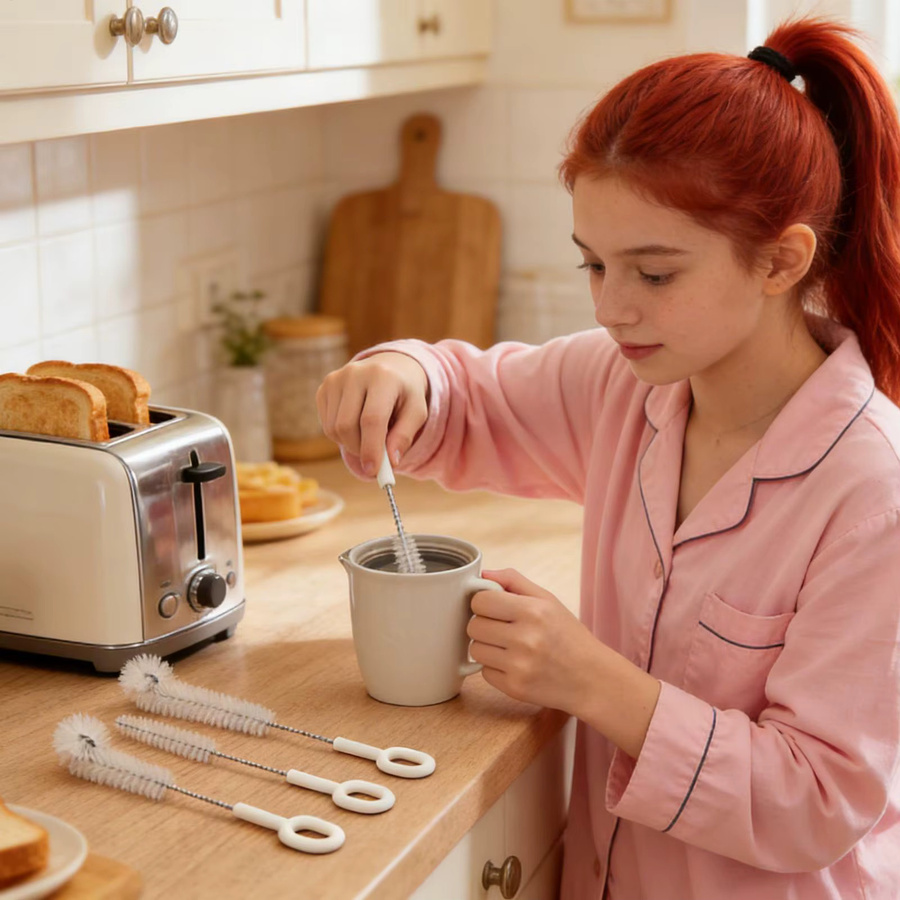 5-teiliges flexibles Flaschenbürsten-Set in Weiß aus Silikon und Edelstahl zur Reinigung von Babyflaschen, Milchpumpen, Strohhalmen und Entsafterdeckeln - Bild 3