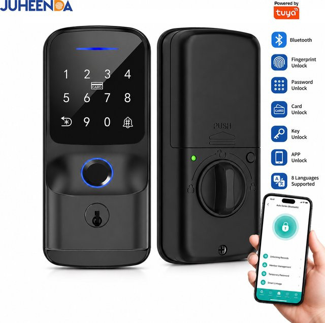 Tuya Smart Türschloss in Schwarz mit Fingerabdruck, Passwort, RFID-Karte und App-Steuerung via BLE WiFi - Bild 1