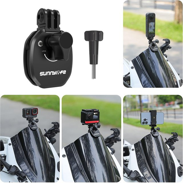 Aluminium Motorrad-Windschutzscheiben-Clip für Insta 360 X5, DJI Action 5 Pro, GoPro und DJI Pocket 3 in Schwarz - Bild 1