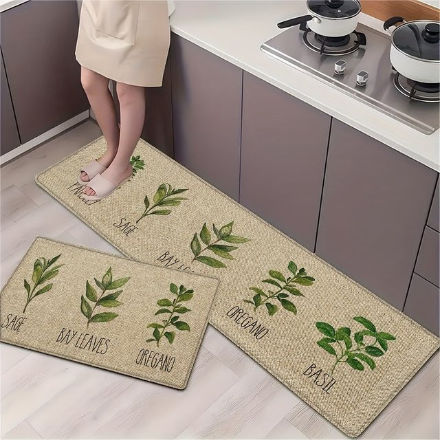 VIKAMA 2-teiliges Set rutschfeste Küchenmatten mit grünem Blatt-Design in Grün und Beige für Küche und Badezimmer - Bild 1