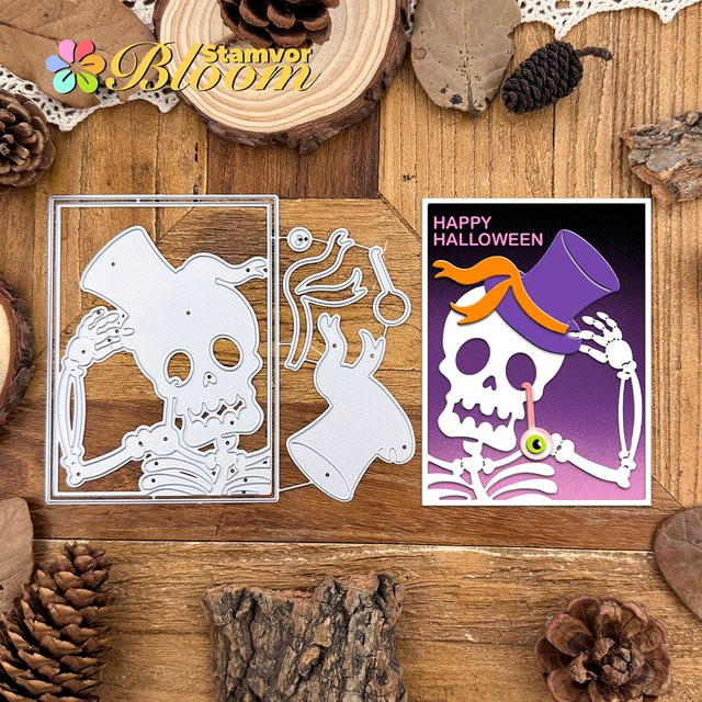 Metall Stanzform Halloween Schädel mit quadratischem Rahmen für Scrapbooking und Prägung in Silber - Bild 1