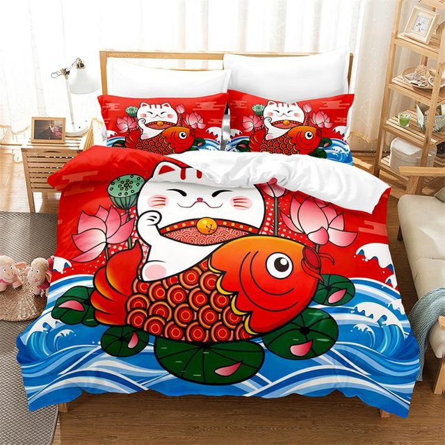 Binchi Outdoor Product Cartoon Glückskatze Bettwäsche-Set aus Mikrofaser in Rot, B/H: 135 x 200 cm - Bild 1
