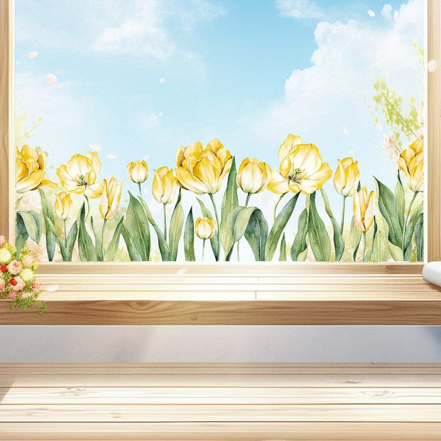 BRUP Fensteraufkleber mit gelben Aquarell Blumen und botanischen Pflanzenmotiven, abnehmbar und wiederverwendbar - Bild 1