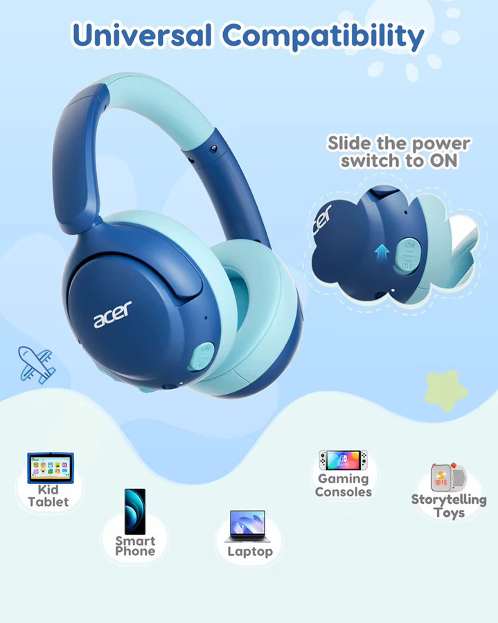 Acer OHR725 Kinder-Bluetooth-5.4-Kopfhörer, faltbare kabellose Over-Ear-Kopfhörer mit 85 dB Lautstärkebegrenzer und integriertem Mikrofon - Bild 2