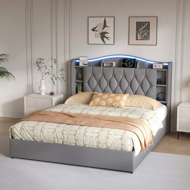 Rosahqnda Doppelbett aus Samt in Grau mit LED-Beleuchtung, USB-Anschluss und hydraulischem Stauraum, B/T/H: 140 x 200 cm - Bild 1