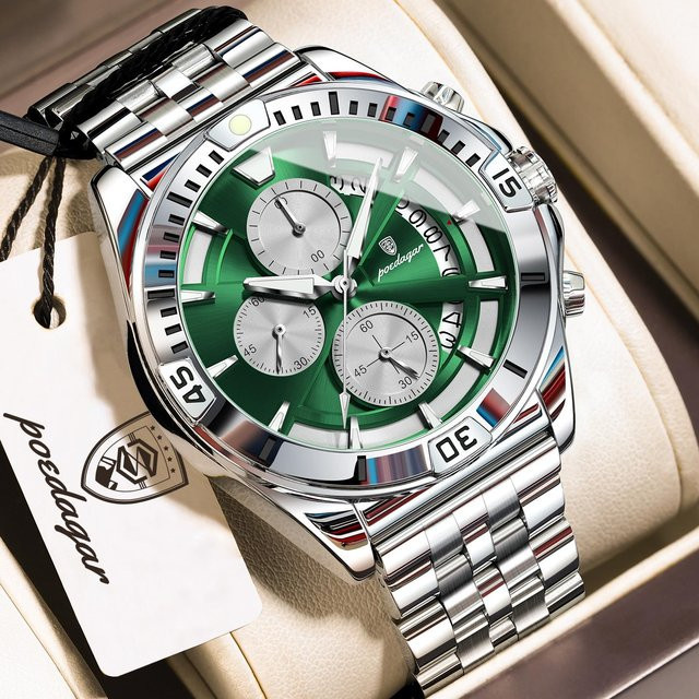 POEDAGAR Armbanduhr Chronograph, Quarz, Edelstahl, silber/grün, Herren - Bild 1