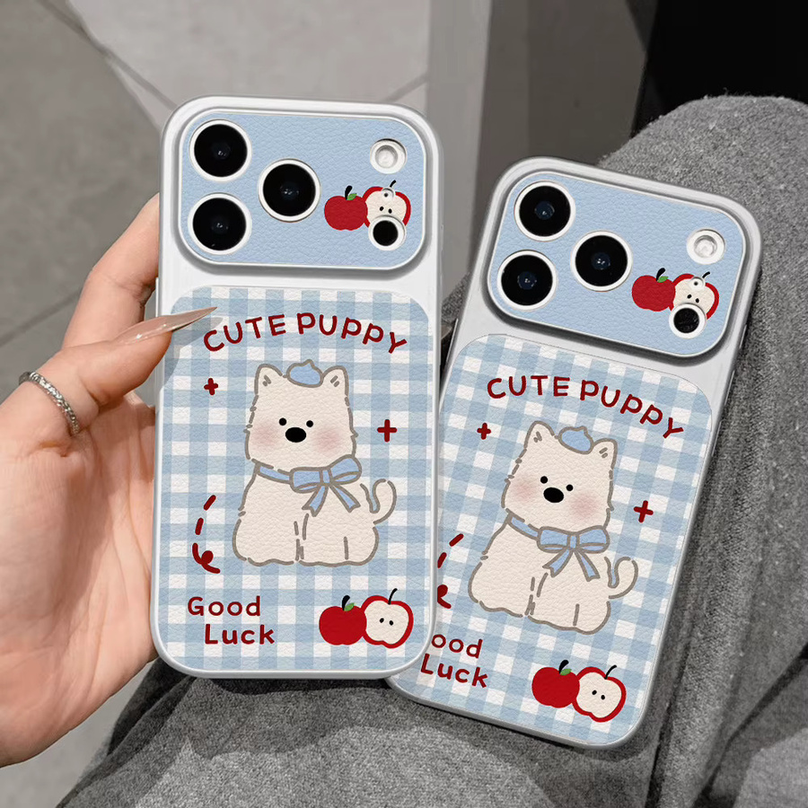 Handyhülle für Apple iPhone 17 16 15 14 13 12 Pro Max mit blau-weiß kariertem Muster und Westie-Welpen Design - Bild 3