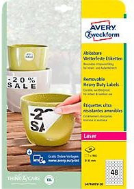 Avery Zweckform Wetterfeste Folien-Etiketten L4716REV-20, Weiß, Rund, Durchmesser: 30 mm, 960 Etiketten (20 Bogen à 48 Stück) - Bild 1
