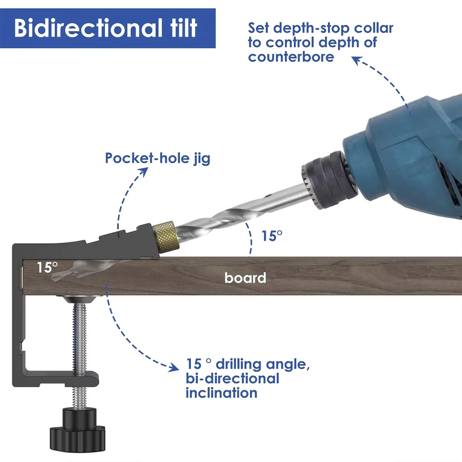 Toorise 47-teiliges Pocket Hole Jig Kit aus Metall in Schwarz für Holzbearbeitung mit 15 Grad Winkel Bohrführung - Bild 3