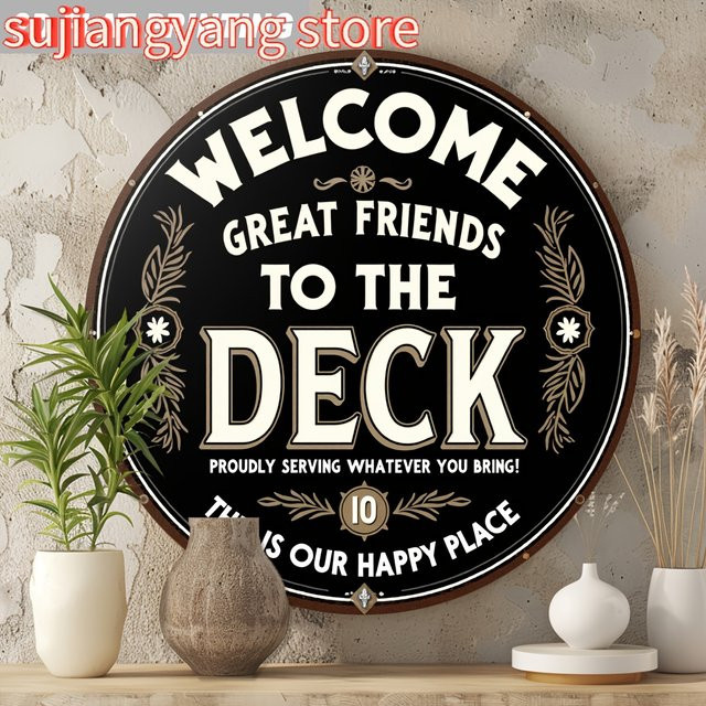 Potdemiel Vintage Willkommensschild Welcome Great Friends to Our Deck aus Aluminium-Metall in Schwarz und Gold, Durchmesser: 20 cm - Bild 1