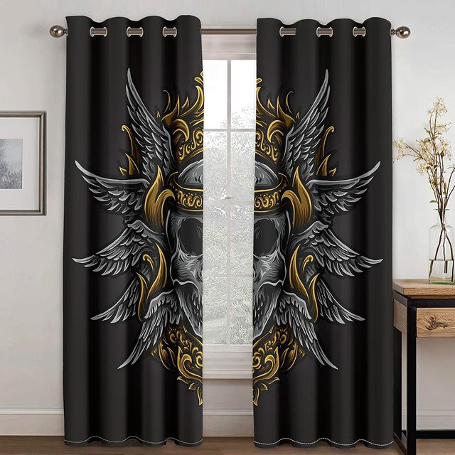 Yiran Furniture Vorhang mit Wind Totem Digitaldruck in Schwarz Gold und Navy Blau, Set aus 2 Stück, Polyester, B: 50 cm, H: 130 cm - Bild 1