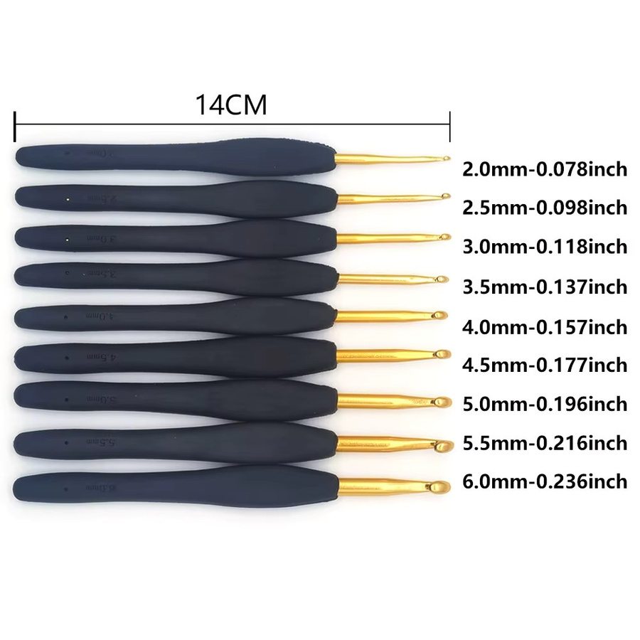 QJH Häkelnadeln Set in Schwarz und Gold, 9 Stück, 2,0–6,0 mm, Aluminium Häkelzubehör für arthritische Hände und DIY-Projekte - Bild 4