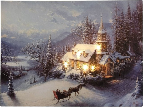 LED Wandbild Winterlandschaft mit Kirche in den Bergen auf Leinwand, Weihnachten Motiv, Mehrfarbig, Breite: 38 cm, Höhe: 28 cm