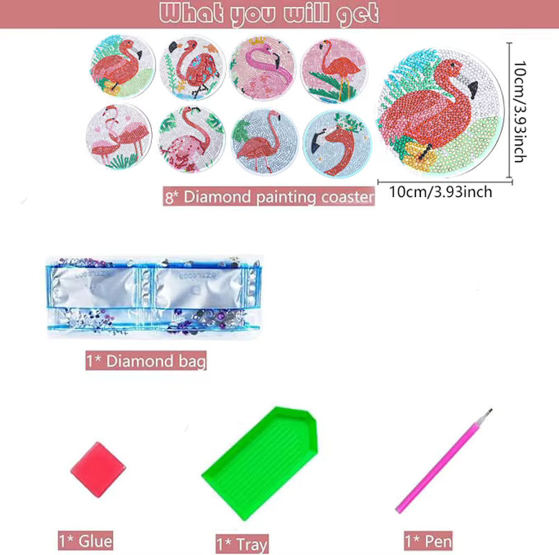 8-teiliges DIY-Diamant-Malerei-Kunstset mit Flamingo-Muster für Untersetzer aus Kristall-Mosaik-Steinen - Bild 2