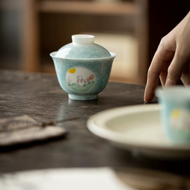 Handbemaltes Keramik-Teetassen-Set mit Hasen- und Mondmotiv in Blau für Gongfu-Tee und Zen-Zeremonien - Bild 3