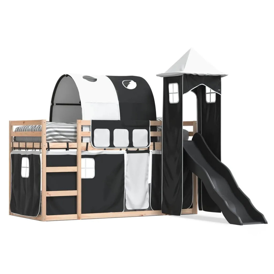 vidaXL Etagenbett für Kinder aus Kiefernholz mit Rutsche und Gardinen in Weiß und Schwarz, B/T/H: 80 x 200 cm - Bild 2