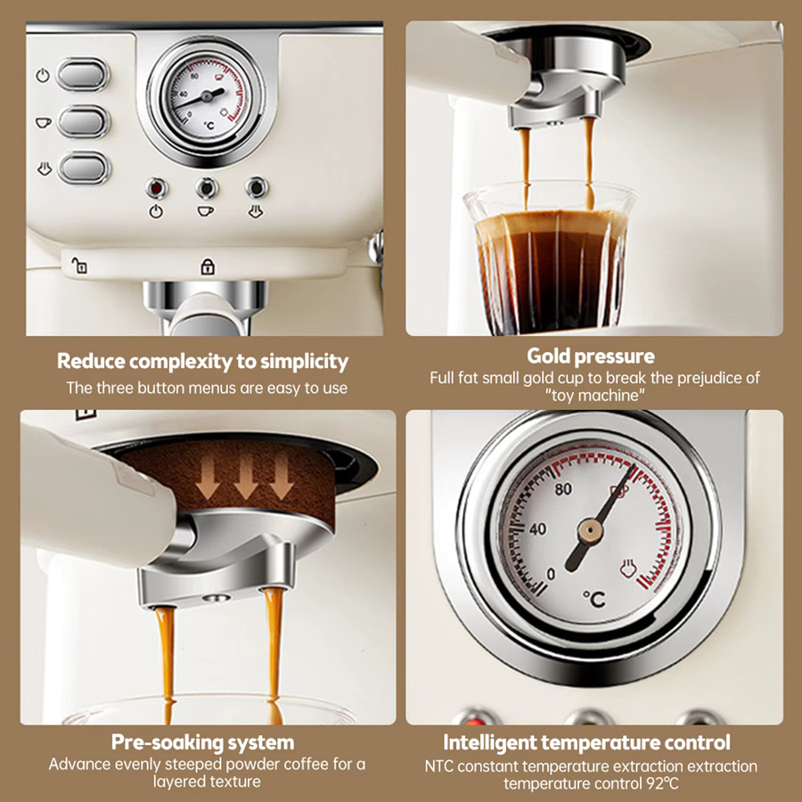 Aramox Halbautomatische Espressomaschine mit 20 Bar Hochdruck-Extraktion, 1050 W, 1,5 l Wassertank, Weiß - Bild 2