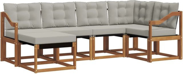 vidaXL Outdoor-Sofagarnitur 6-teilig L-Form aus Akazienholz und Textilene in Natur und Hellgrau mit Kissen und Armlehnen - Bild 1